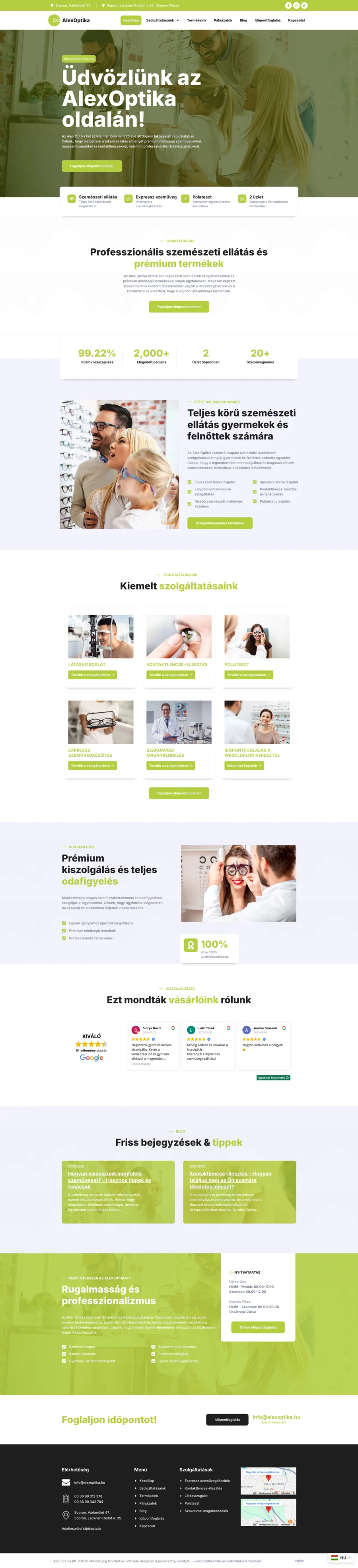 Alex Optika weboldalának teljes oldalas nézete