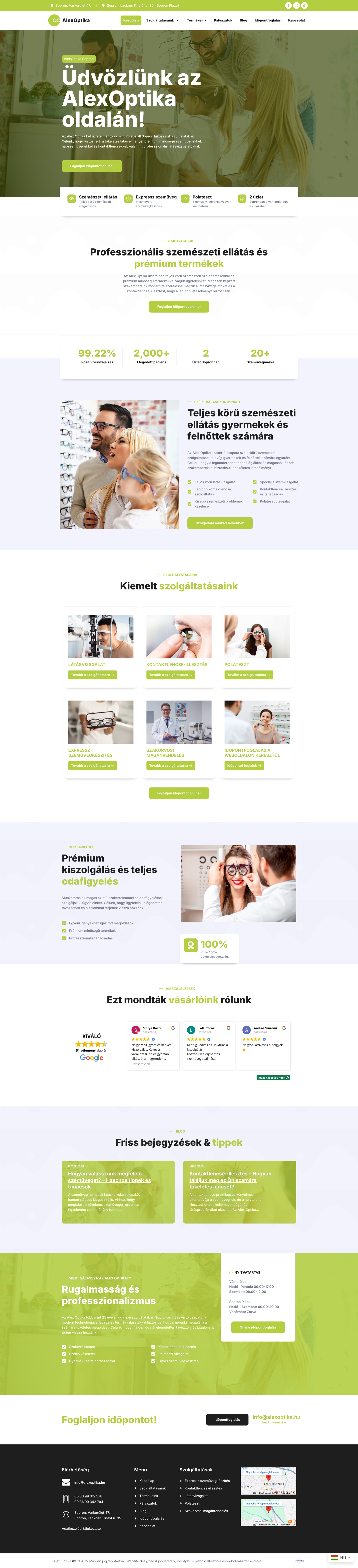 Alex Optika weboldalának teljes oldalas nézete