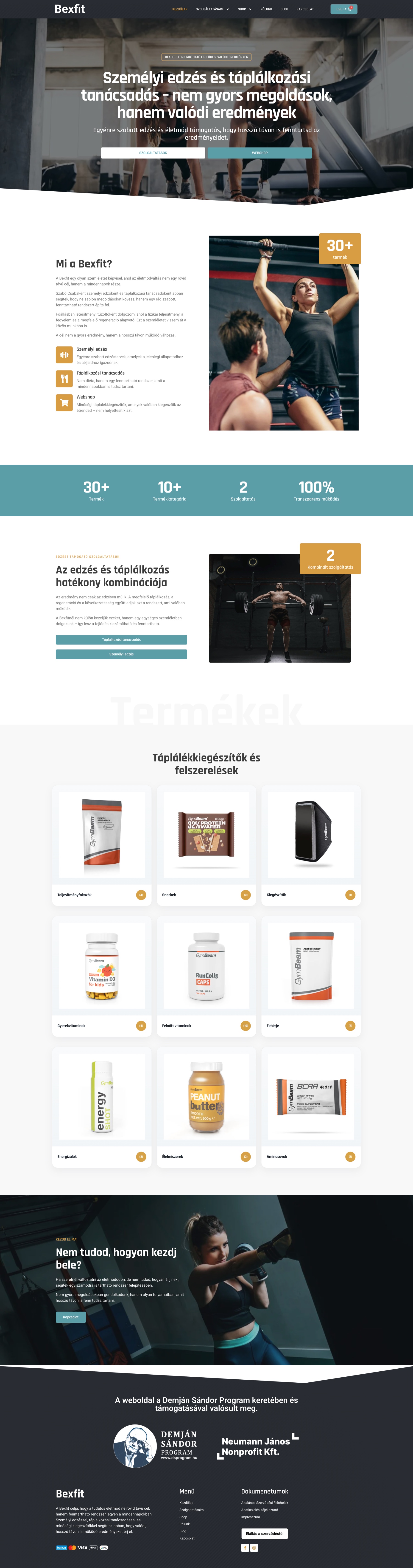 Bexfit weboldalának teljes oldalas nézete